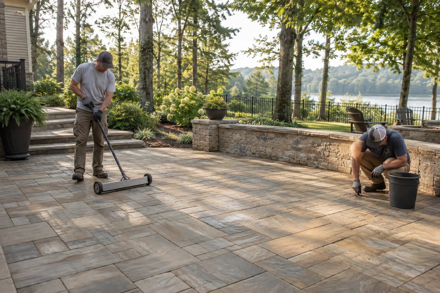 Workers checking a cleared patio after hot tub removal