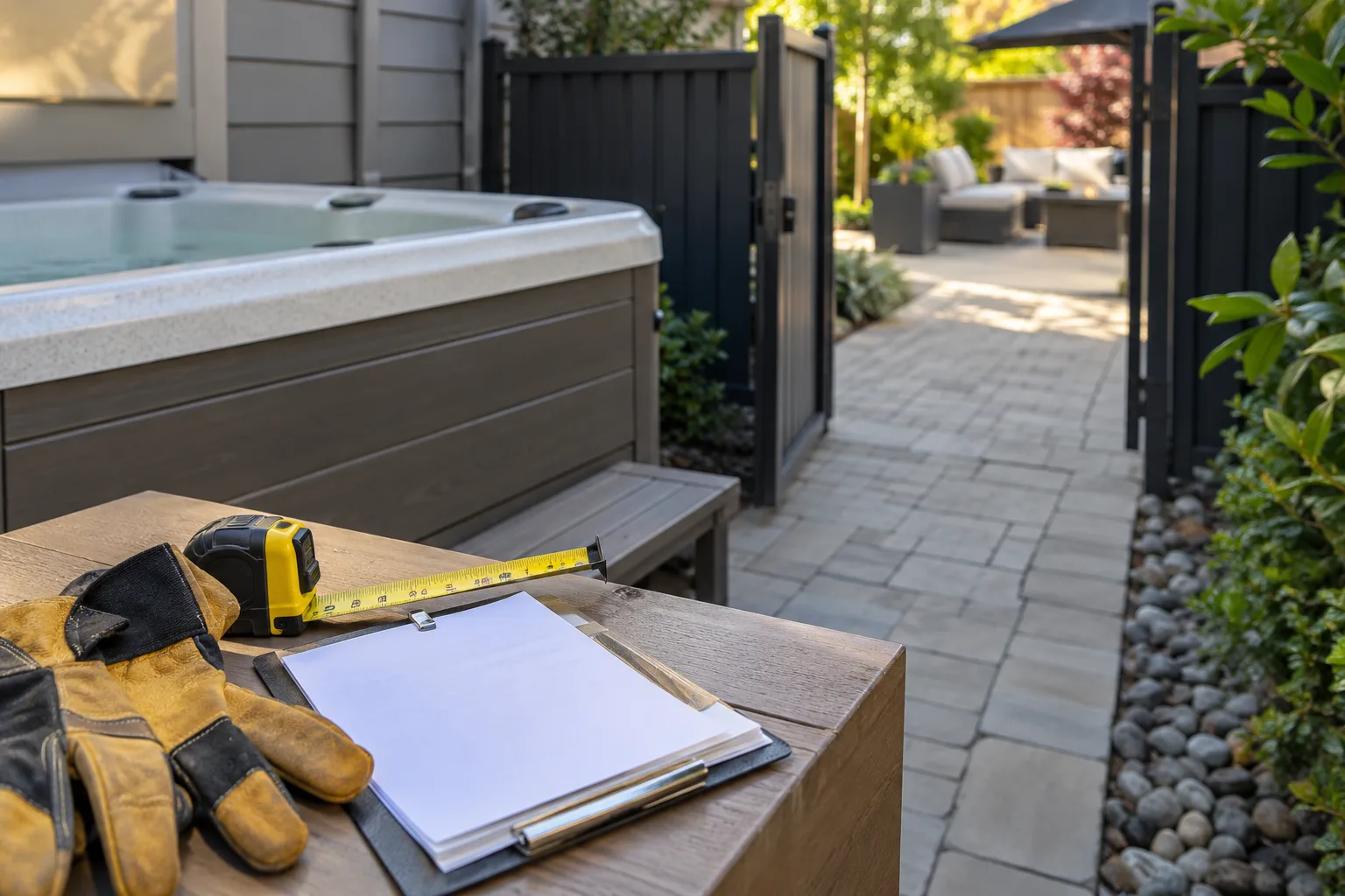 Tape measure and clipboard near a backyard access gate
