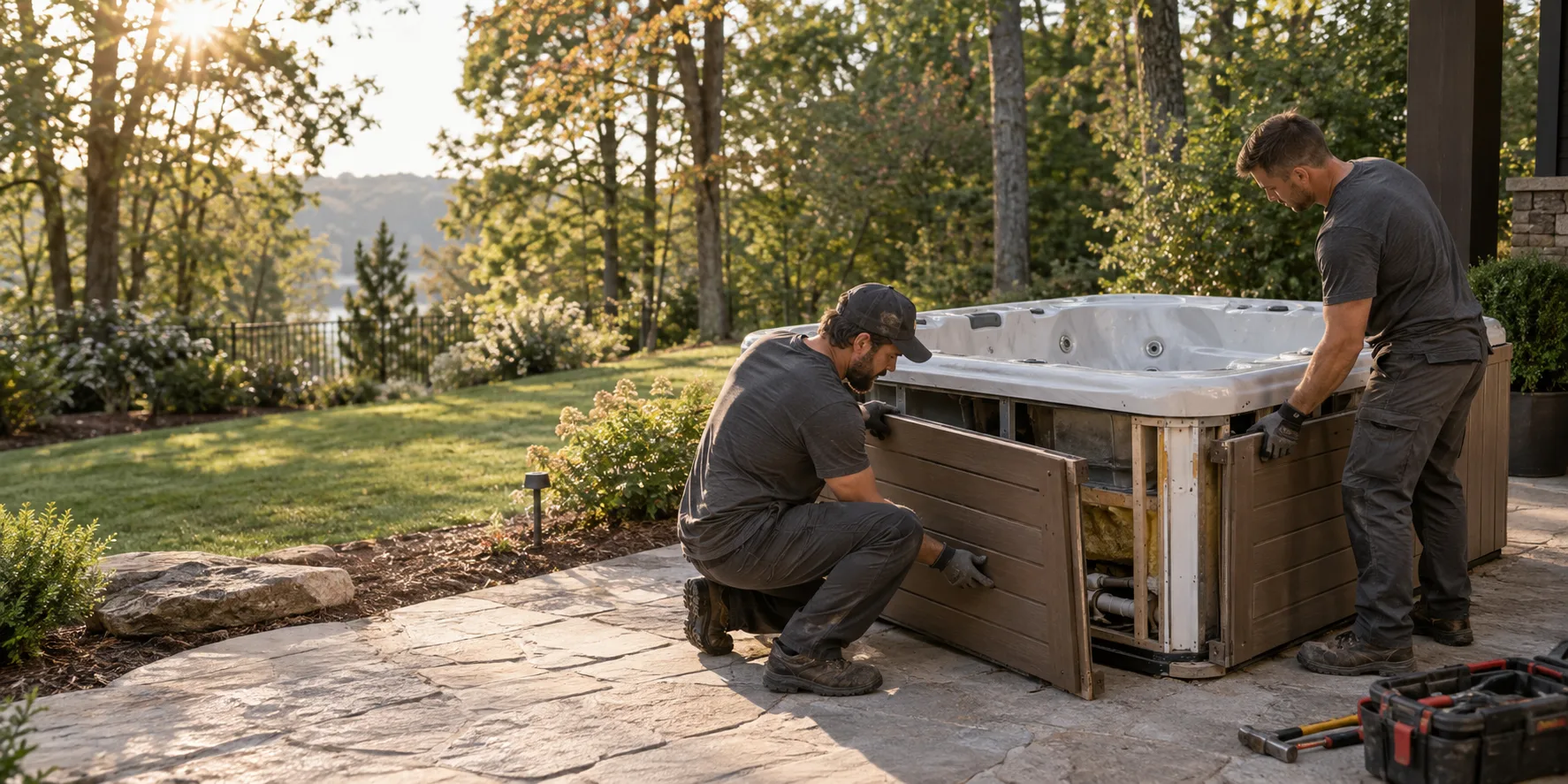 Workers dismantling an old hot tub in a residential backyard