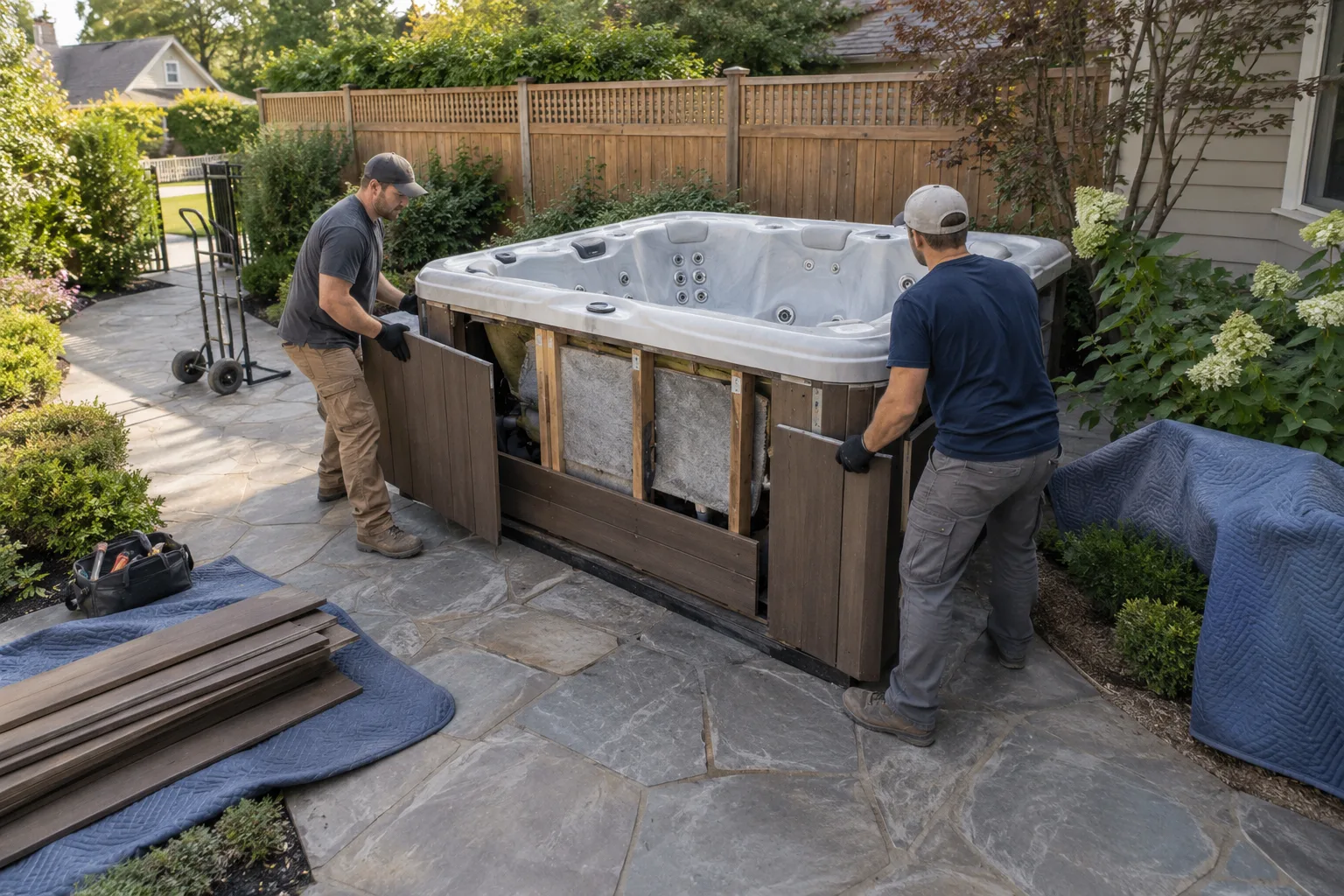 Workers planning a spa removal on a patio
